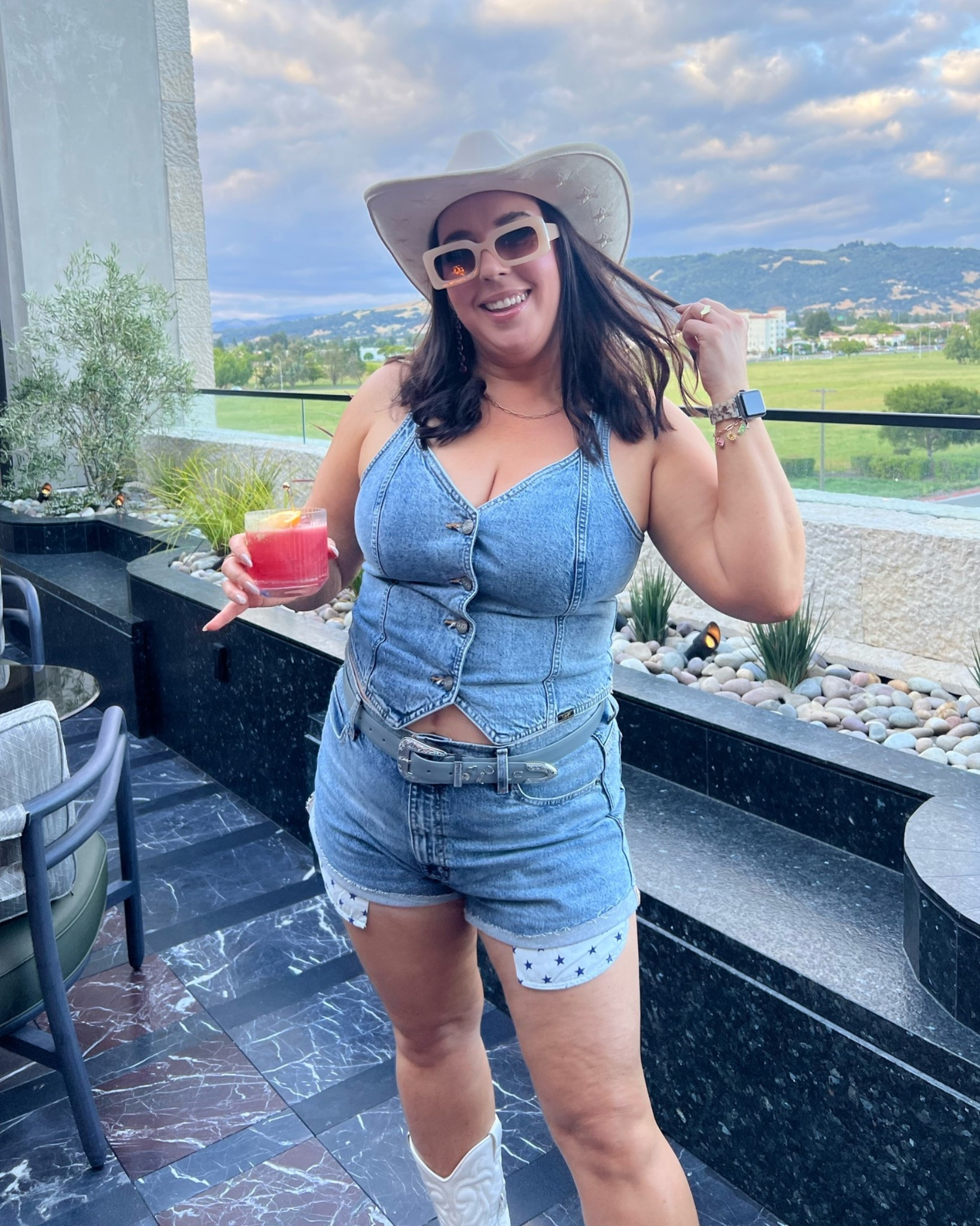 Kacey x Lee x Walmart Collection // jean vest top / jean shorts / denim set / baby blue belt / western belt / cowboy hat

#LTKMidsize #LTKSeasonal #LTKootd