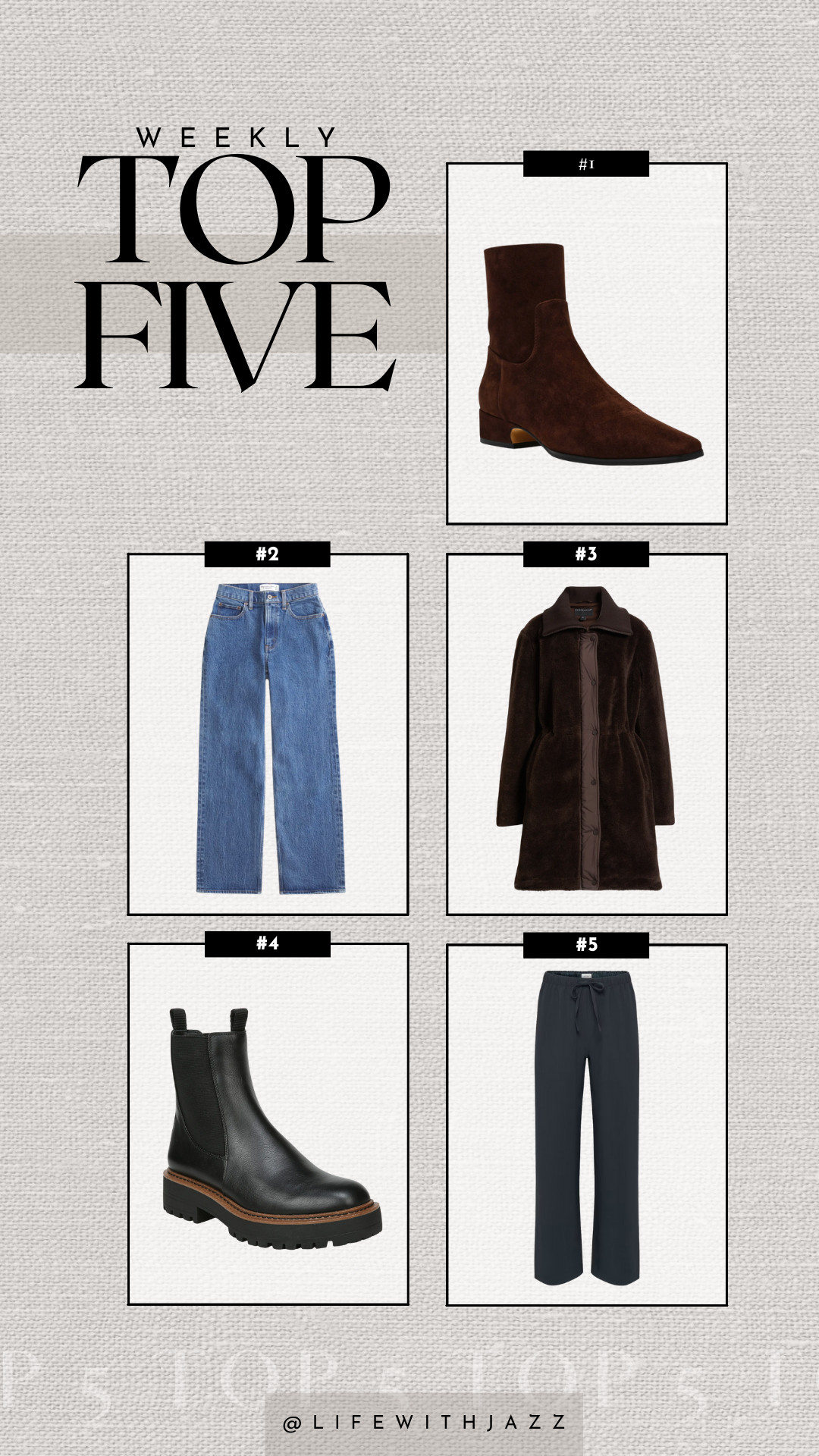 this week's bestsellers: 

1. steve madden dusty booties -- best low-heeled booties i've tried! 
2. abercrombie relaxed jeans -- affordable + classic jeans under $100 
3. bernardo sherpa jacket -- 50% off
4. sam edelman waterproof lug sole boots 
5. aritzia lodge pants -- wrinkle-free, pull on pants 

 #LTKSaleAlert
