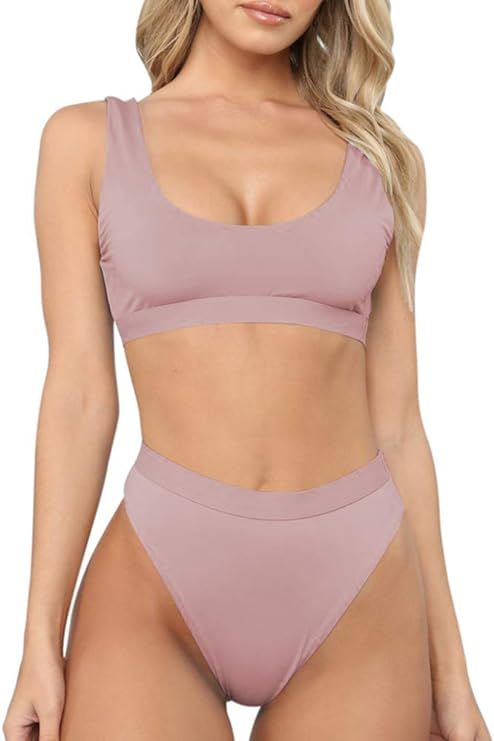 Sovoyontee Women's Sexy High Waist Scoop Neck Bikini Swimsuit Bathing Suit | Amazon (US)