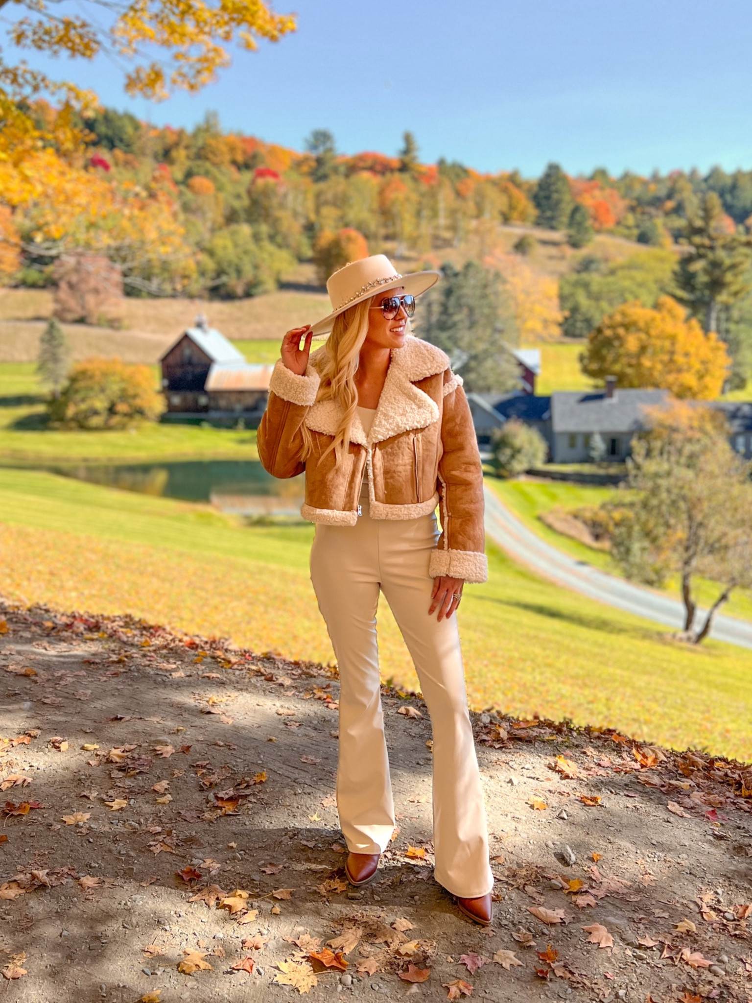 My Woodstock, VT look! #shearling #shearlingcoat #suedecoat #shearlingjacket #leatherpants #booties #fallstyle #falllooks #hat #woolhat #fedora #abercrombie&fitch #a&f #riverisland #reddressboutique 

#LTKSeasonal #LTKunder100 #LTKtravel