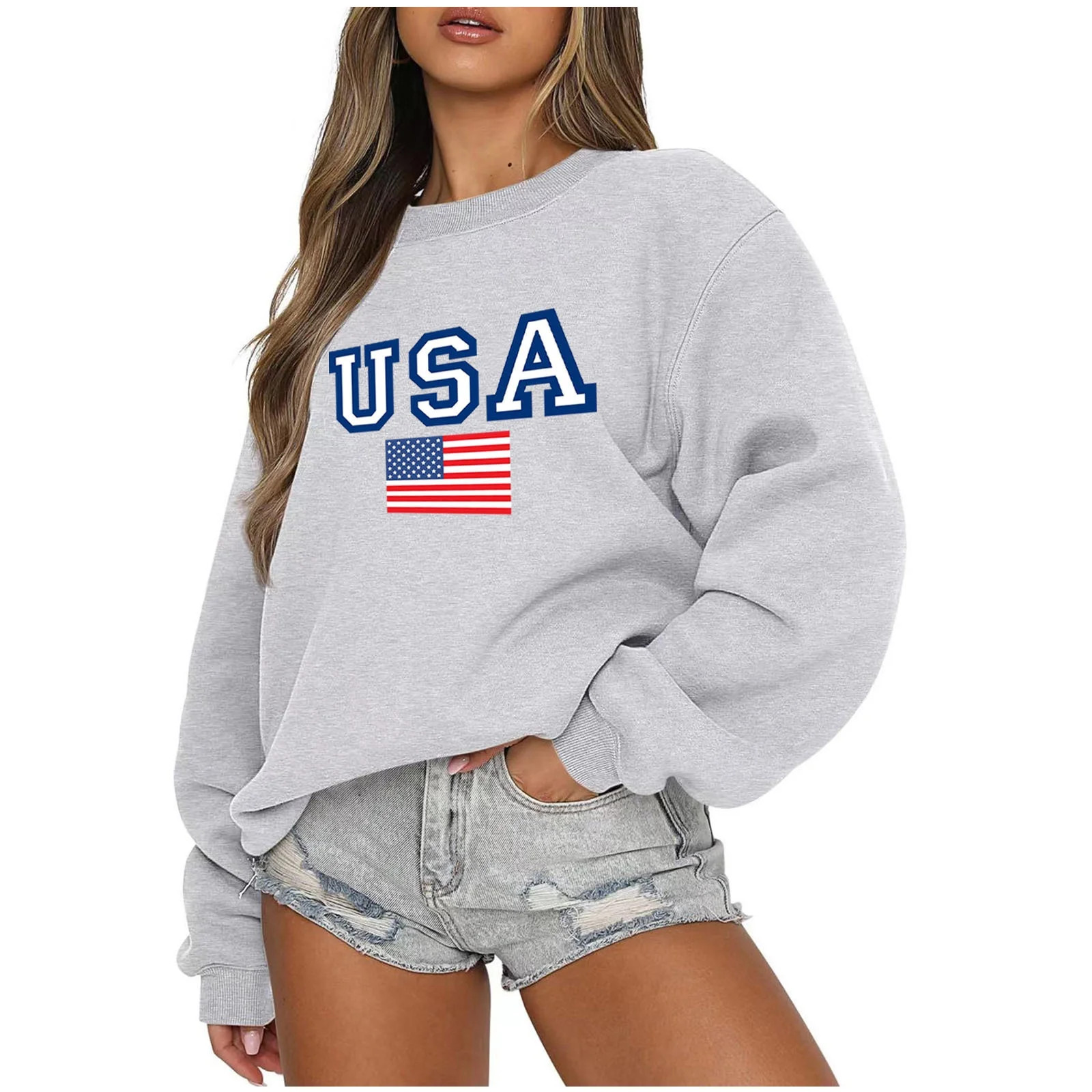 Women's USA Flag Print Crewneck Oversized Sweatshirt Long Sleeve Sweater Cropped Loose Jumper Pul... | Walmart (US)
