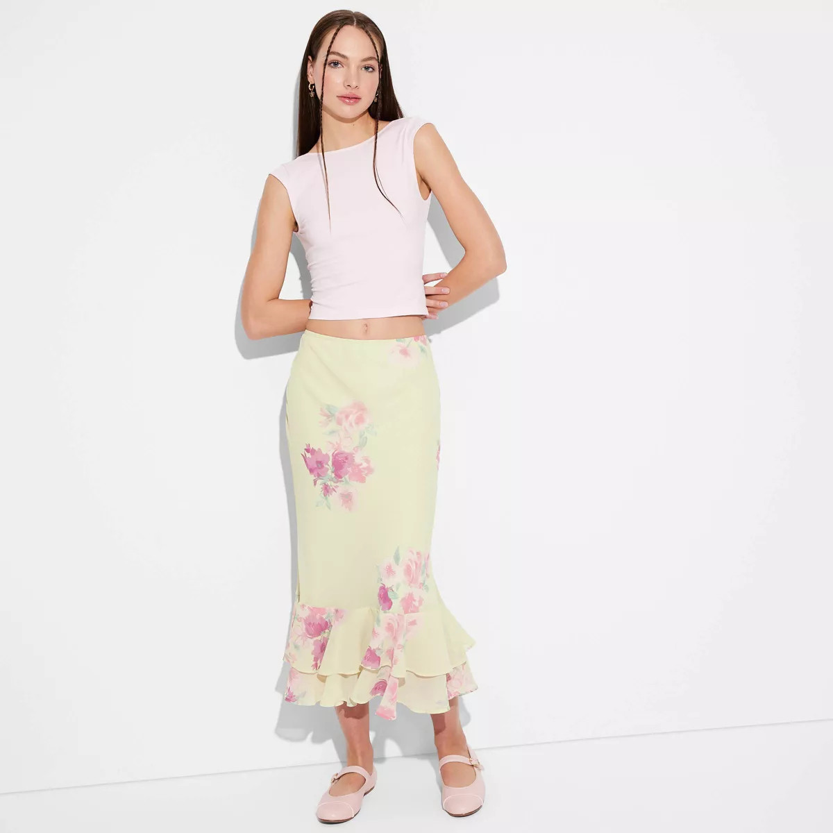Women's Ruffle Midi A-Line Skirt - Wild Fable™ Light Yellow Floral | Target