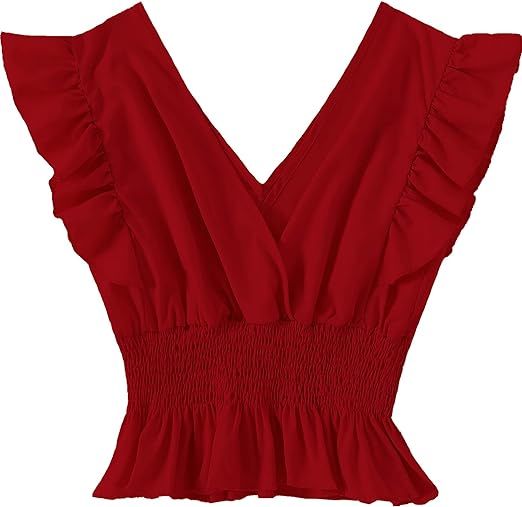 LYANER Women's V Neck Ruffle Cap Sleeve Shirred Blouse Sexy Crop Tank Top | Amazon (US)