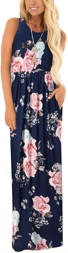 Women Racerback Floral Loose Swing Casual Tunic Beach Long Sleeveless Maxi Dresses with Pockets | Amazon (US)