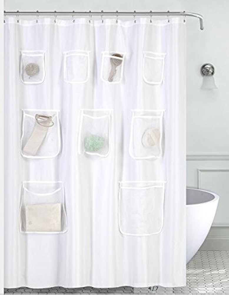 Mrs Awesome Water-Repellent Fabric Shower Curtain or Liner with 9 Handy Mesh Pockets, Premium Thi... | Amazon (US)
