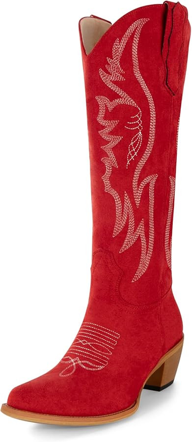 KaroNairy Women Cowboy Boots Faux Suede Embroidered Pointed Thick Heeled Western Wide Calf Cowgir... | Amazon (US)