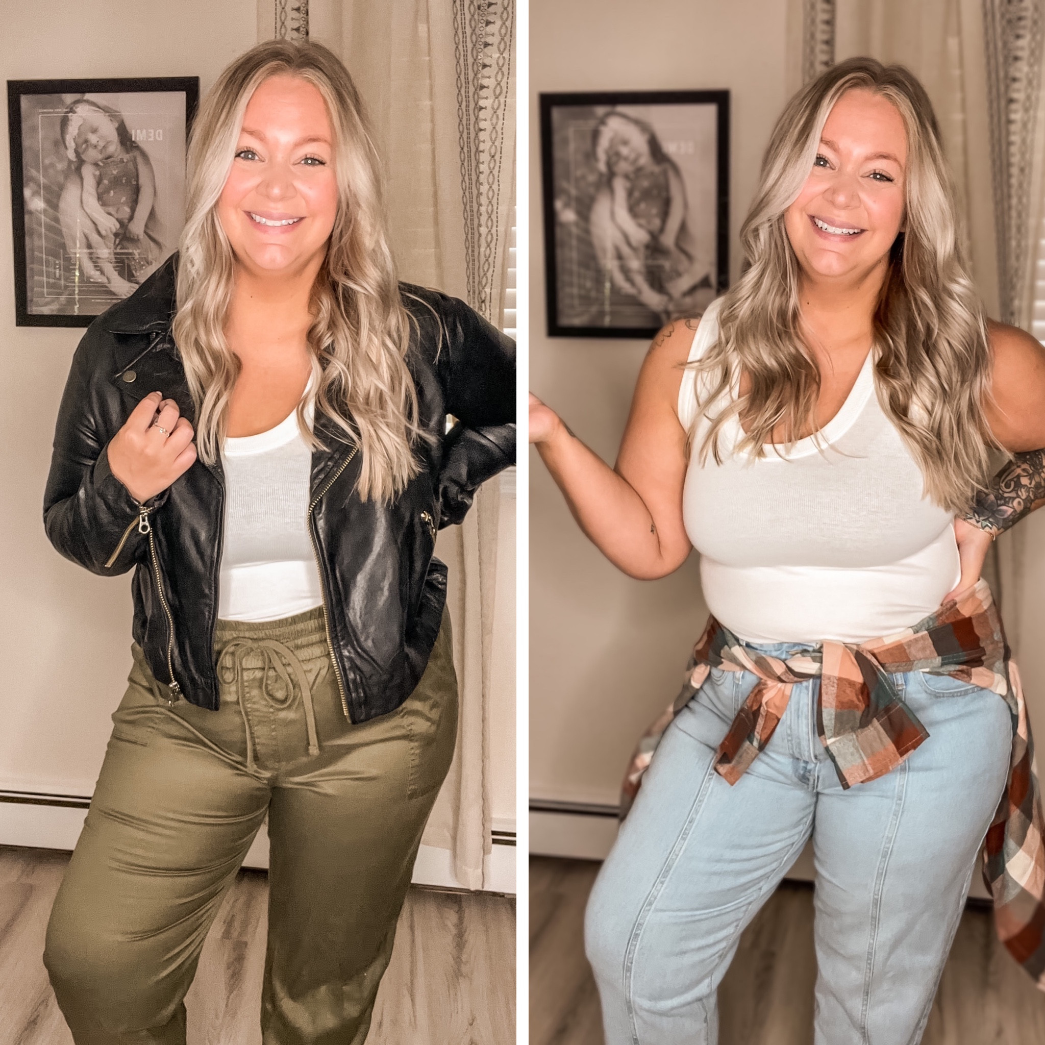 One tank top, two different fall looks

Sizing:
Green pants-XXL
White tank- XL
Leather jacket- XXL
Jeans-18
Flannel-XXL

#LTKSeasonal #LTKcurves