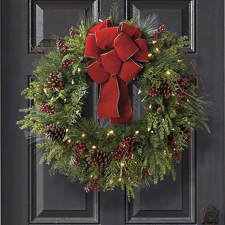 Christmas Cheer Cordless Wreath with Red Bow & Pre-lit Warm White Lights | Frontgate