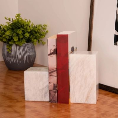 Bey-Berk White Marble Cube Design Bookends, White | Ashley Homestore