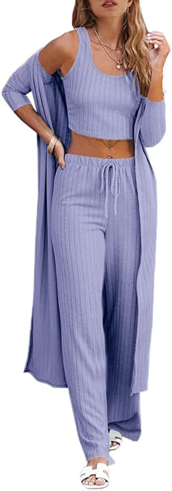 Womens Pajamas Set Fall Winter 3 Piece Loungewear Set Crop Vest Top Loose Pants and Cardigan Knitwea | Amazon (US)