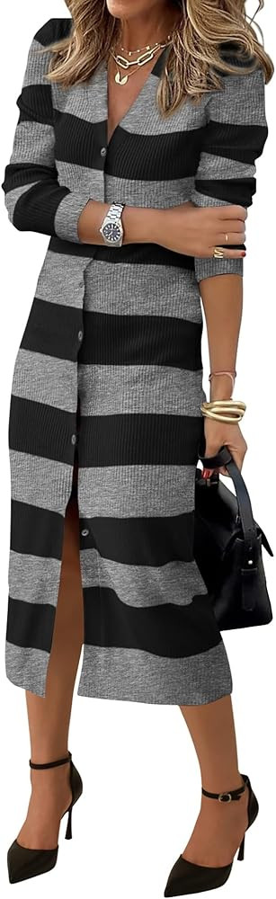 PRETTYGARDEN Women's Dresses 2024 Fall Long Sleeve V Neck Button Down Ribbed Knit Stripes Bodycon... | Amazon (US)