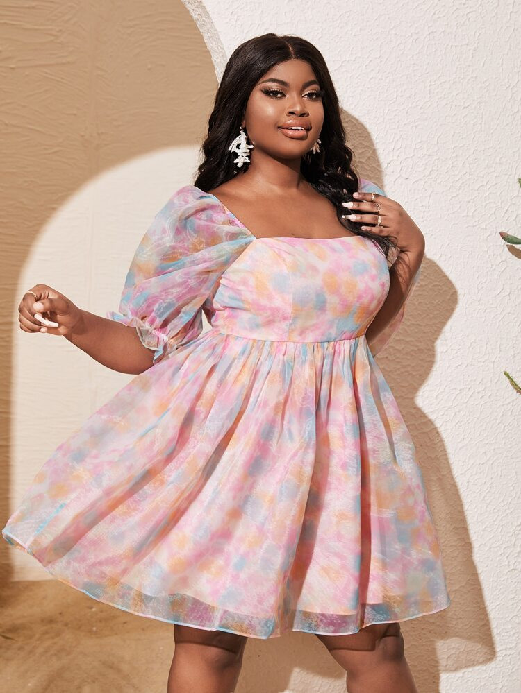 SHEIN SXY Plus Tie Dye Puff Sleeve Organza Smock Dress | SHEIN