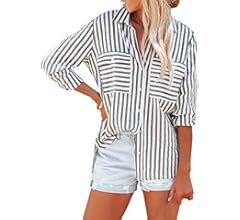 OMSJ Women's Striped Button Down Shirts Casual Long Sleeve Stylish V Neck Blouses Tops with Pocke... | Amazon (US)