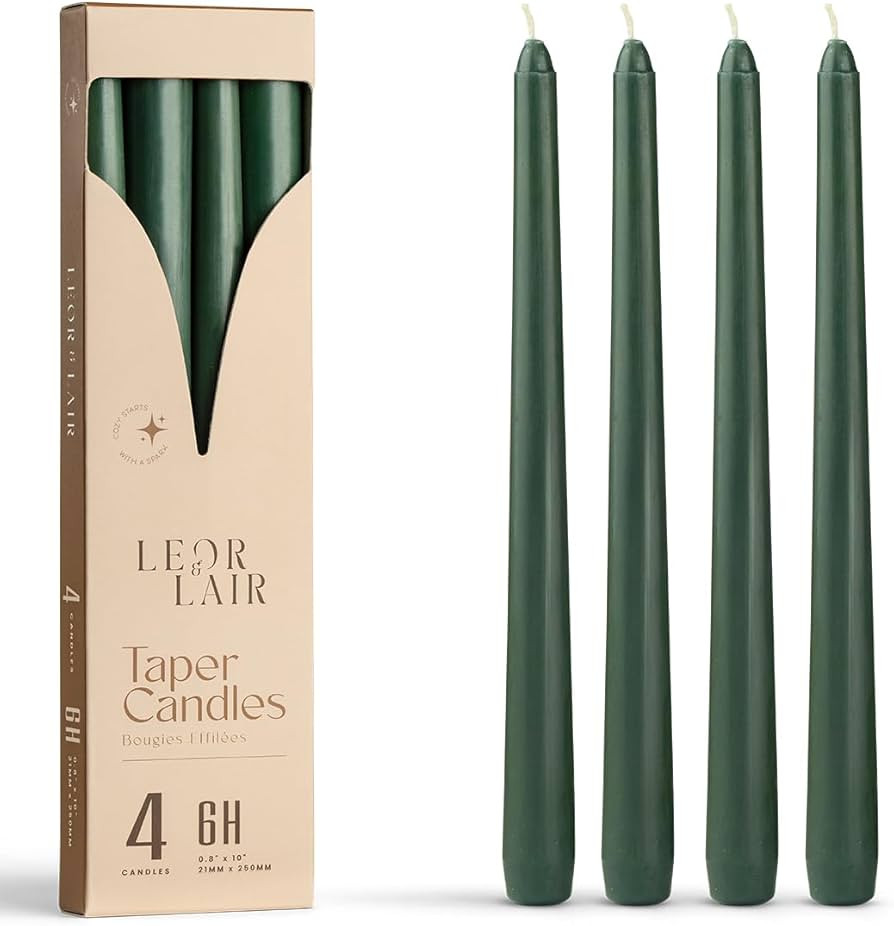 Leor & Lair Green Taper Candles - 4 Pack 10" Green Candlesticks for Christmas - Unscented Long Bu... | Amazon (US)