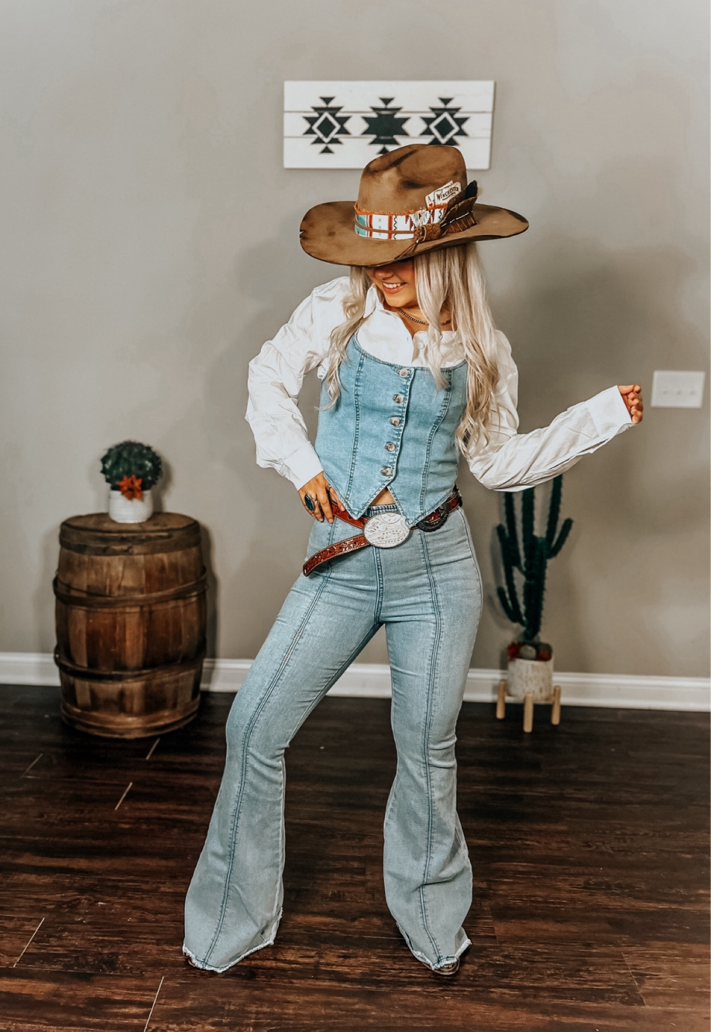 Jeans, jean style, all jean style, cowboy hat, burned hat, fedora hat, distressed hat, custom cowboy hat, bell bottoms, cowboy belt, concho belt, layering outfit, spring fashion, country concert outfit, western fashion, cowgirl fashion, the Kiersten zile collection, jean vest, jean top

#LTKFallSale #LTKCon #LTKU