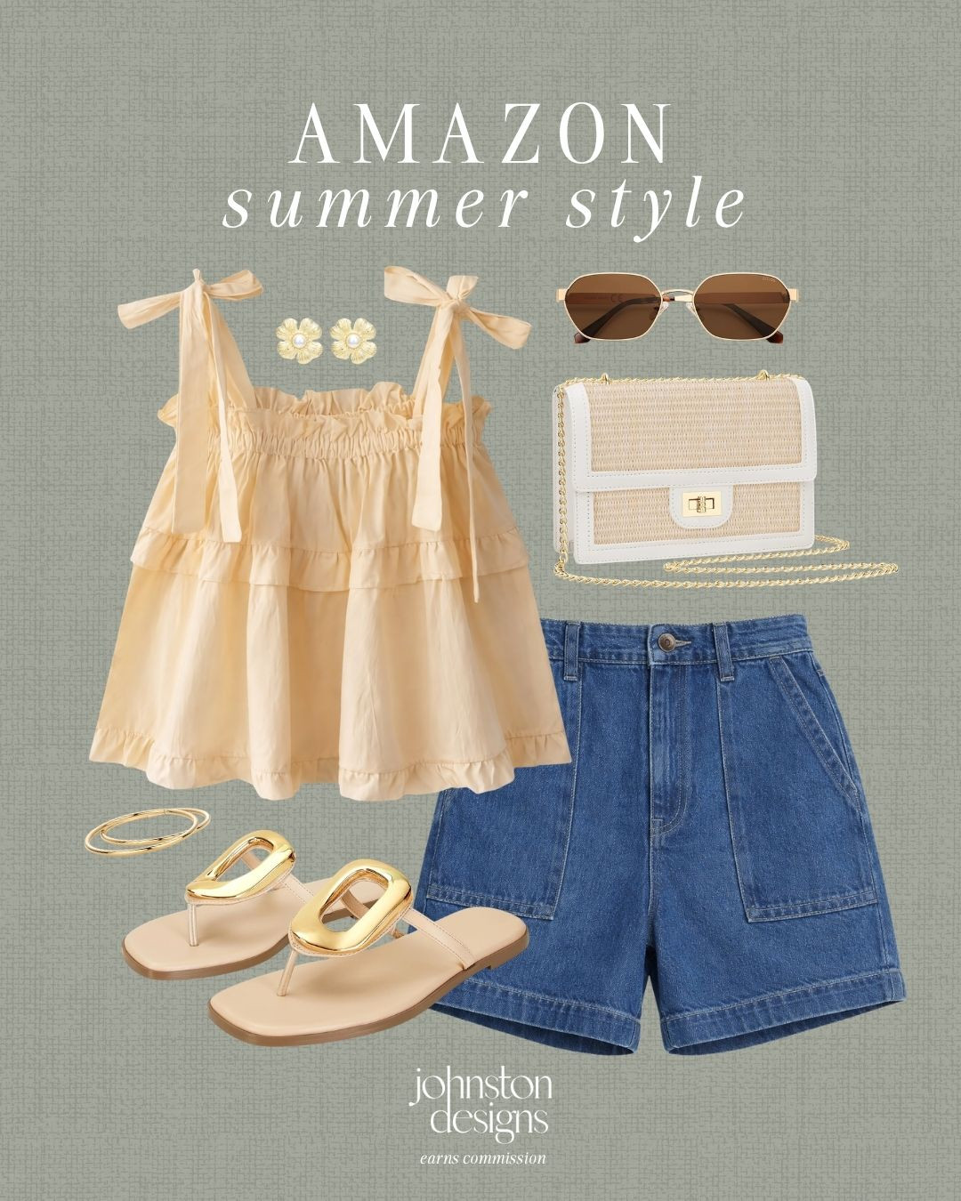 Amazon summer style with denim shorts, a ruffle top and easy gold accessories. ☀️

Amazon style, summer style, outfit inspo, denim shorts, ruffle top, tie strap blouse, woven bag, gold sandals, flower earrings, sunglasses, bangle bracelets, casual outfit, warm weather fashion, affordable finds 

 #LTKootd