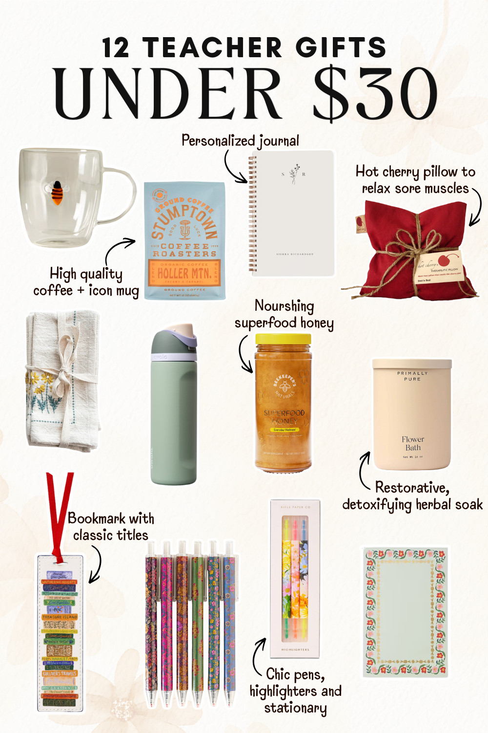 The perfect affordable teacher appreciation gifts under $30 that are practical, pretty, and actually useful. Includes self-care favorites, personalized notebooks, high-quality coffee, and other thoughtful finds. Great for end-of-year, holidays, or just saying thank you. 

 