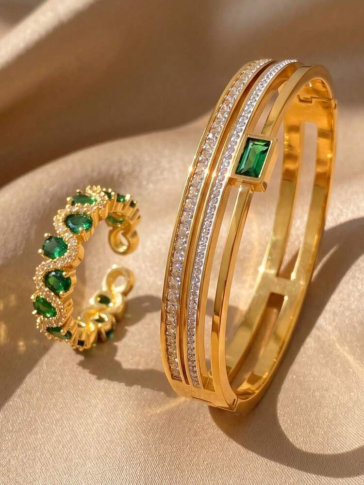 18K Gold Plated Full Diamond Hollow Bangle And Ring Set, Women's Bracelet, Women's Ring, Jewelry Set, Gold Plated Jewelry, Gold Plated Ring, Ideal For Daily Wear, Dates, Parties, Graduation Parties, Vacation Season. A Perfect Gift For Mother's Day, Birthday, Easter, Beach Jewelry, Summer Jewelry, Boho Style Jewelry. | SHEIN
