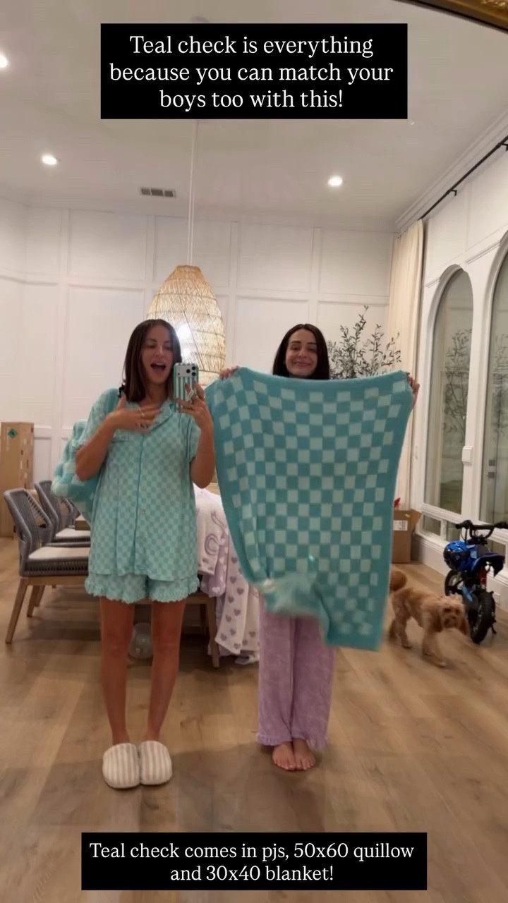 Teal check is everything because you can match your boys too with this! Teal check comes in pjs, 50x60 quillow and 30x40 blanket!