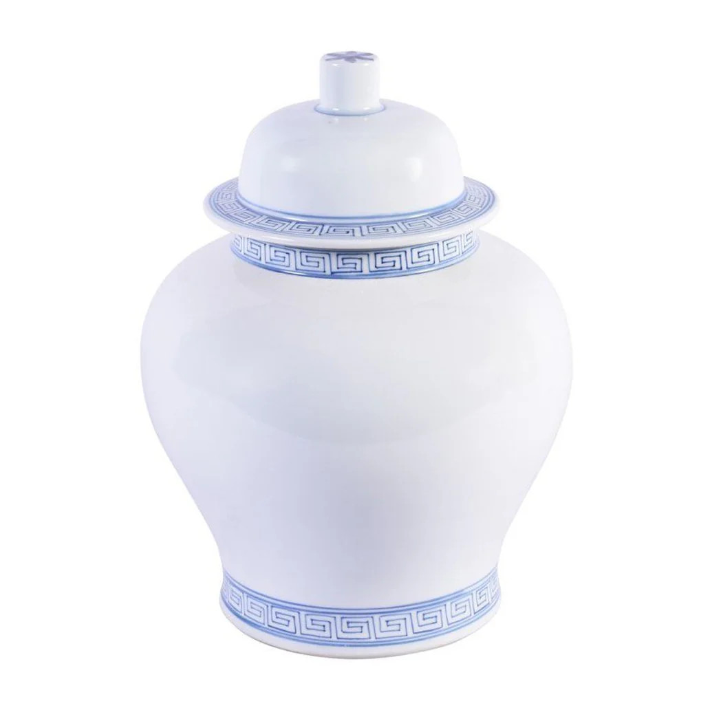 White Temple Jar With Blue Greek Key Trim | Mintwood Home LLC - mintwoodhome.com