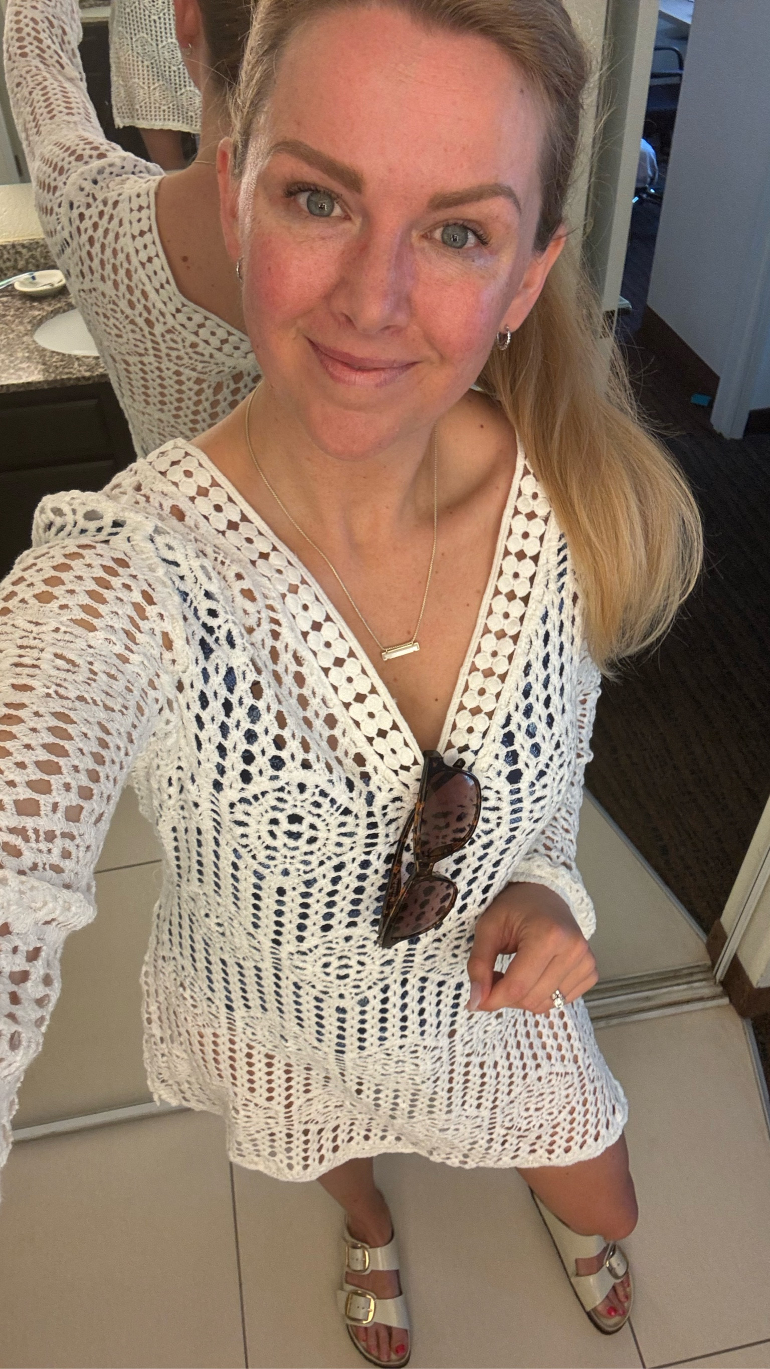 White crochet cover up for summer - fits true to size, great quality, v-neck in font and back, & soft material!

#LTKStyleTip #LTKSwim #LTKSeasonal