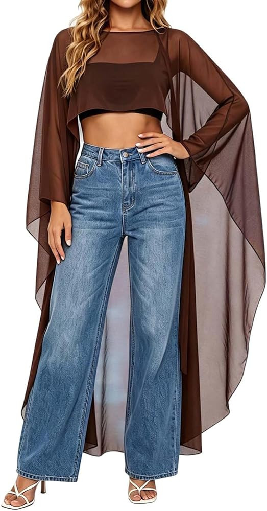 Women High Low Chiffon Long Shawls Cape Top See Through Poncho Cover Up | Amazon (US)