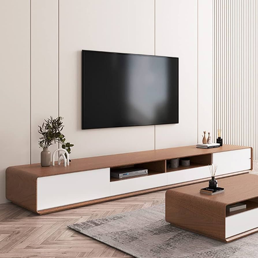 Amazon.com: POVISON Modern Wood White TV Stand, Lowline Media Console with 4 Drawers, Open Storag... | Amazon (US)