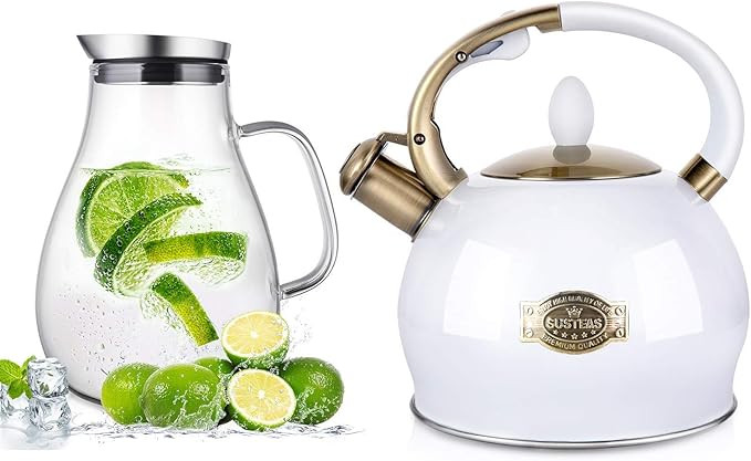 SUSTEAS 2.64 Quart Stove Top Whistling Tea Kettle and 68 ounces glass pitcher with lid for homema... | Amazon (US)
