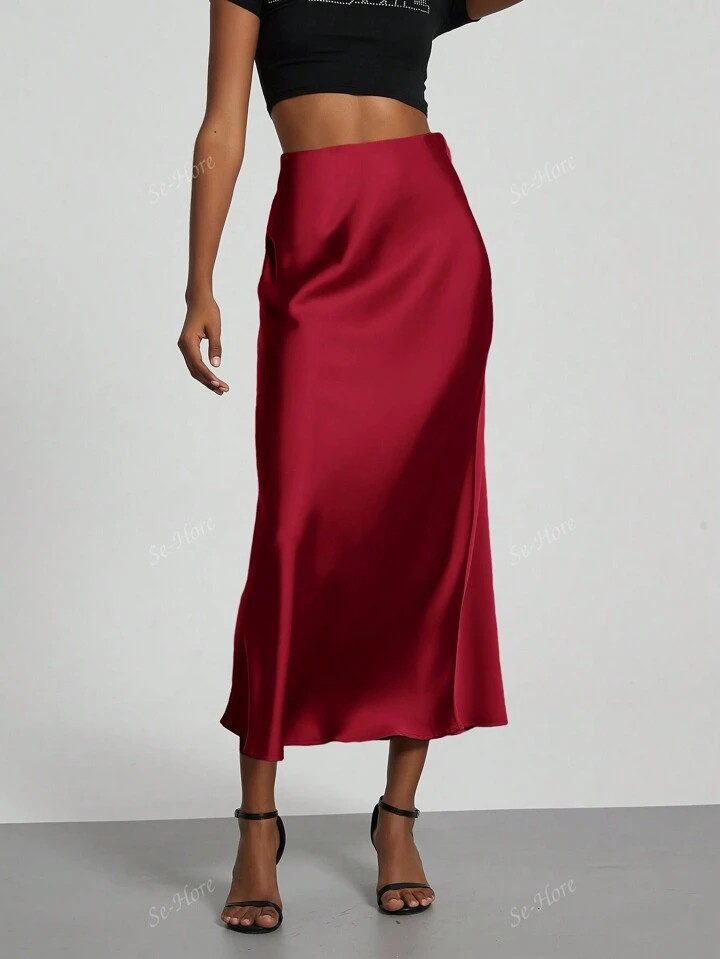 Women's Simple Solid Color Elastic Satin Texture Trumpet Hem Elegant Maxi Skirt | SHEIN