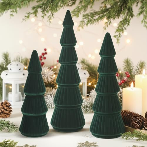 Bucherry 3 PCS Velvet Christmas Tree Figurines Decoration - 8" 10" 14" Modern Cone Christmas Tabletop Home Rustic Centerpiece Set for Winter Holiday Mantel Entryway Party Decor(Green) | Amazon (US)