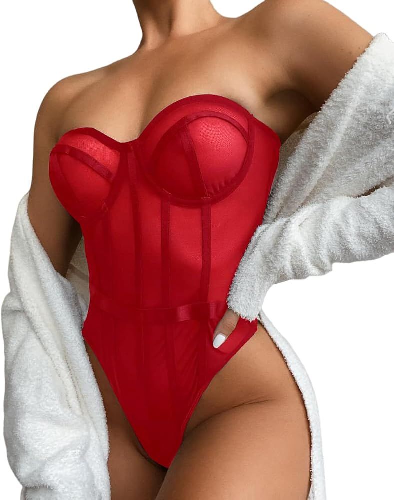 LYANER Women's Off Shoulder Backless Sleeveless Leotard Mesh Bodysuit Tops | Amazon (US)