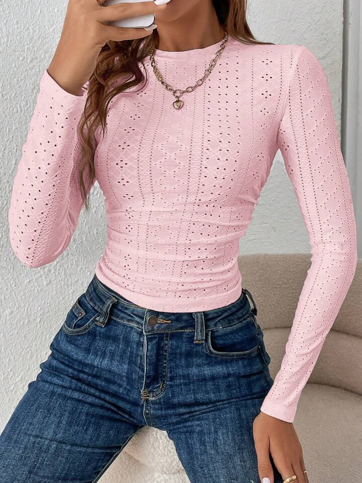 SHEIN Essnce Knit Jacquard Textured Long Sleeve T-Shirt, Pink, Women | SHEIN