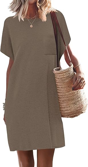 WNEEDU Womens Summer Dress 2025 Crewneck Short Sleeve T Shirt Dress Loose Casual Beach Cover up w... | Amazon (CA)