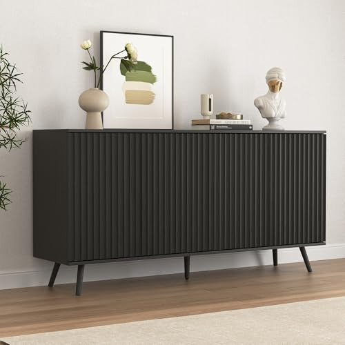 UZUGUL Fluted Black Sideboard Buffet Cabinet with 4 Doors and Shelves,59'' Kitchen Sideboard, Accent TV Console Storage Cabinet with Adjustable Leg,Coffee Bar Station for Living Room,Dining Room | Amazon (US)