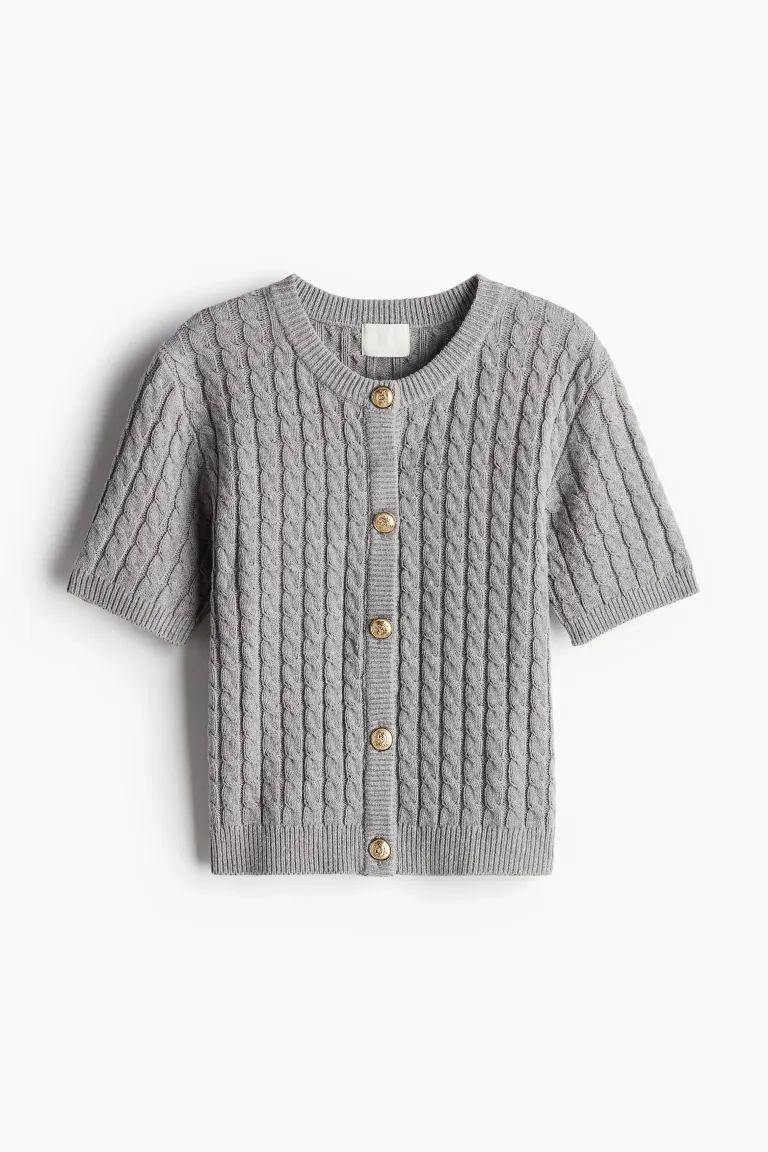 Cable-knit Cardigan - Round Neck - Short sleeve - Gray - Ladies | H&M US | H&M (US + CA)