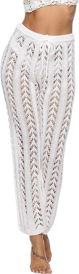 FEOYA Women Crochet Cover Up Pants Hollow Out High Waist Beach Pants Knit Swimsuit Coverup Pants | Amazon (US)