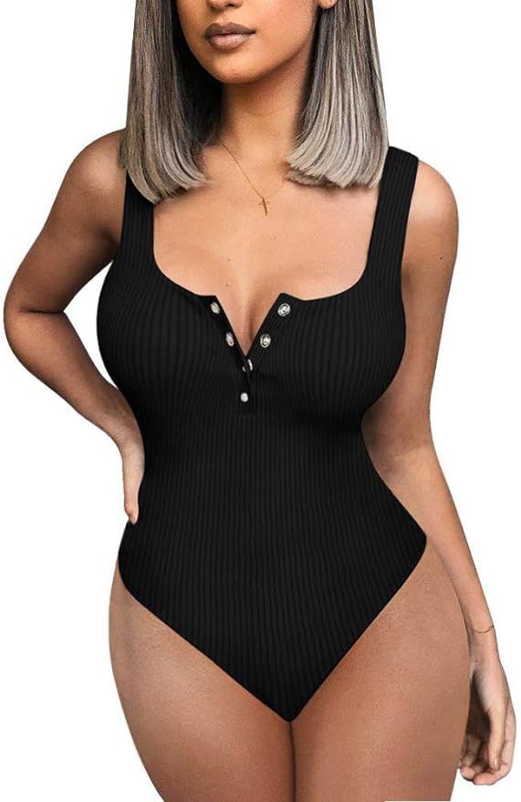 LCNBA Women's Basic Tank Top Button Down Bodysuit Sexy Bodycon Clubwear Bodysuit | Amazon (US)