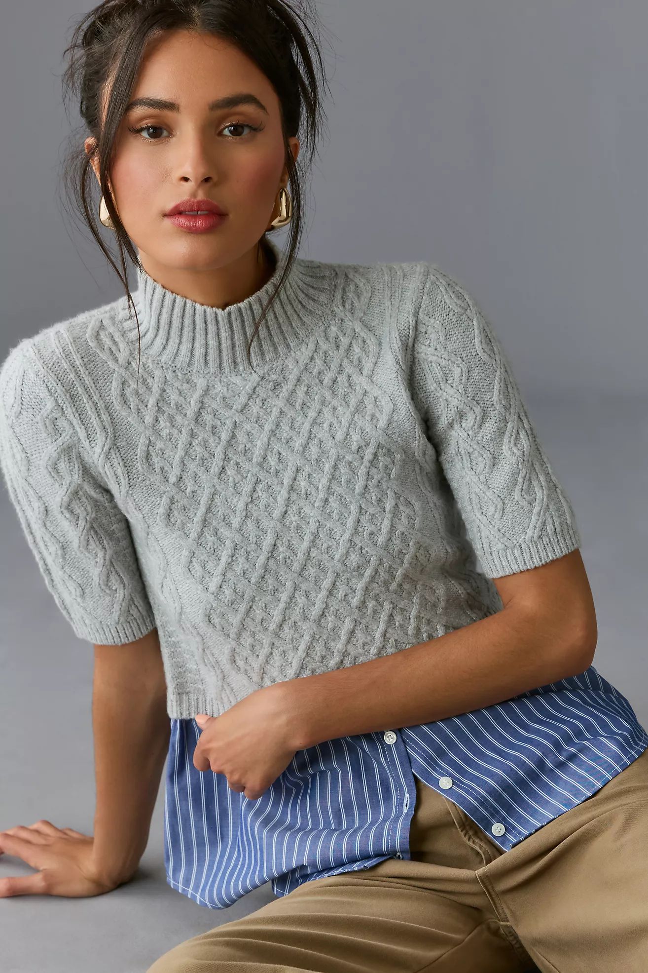 Maeve Melinda Cable Short-Sleeve Twofer Sweater | Anthropologie (US)