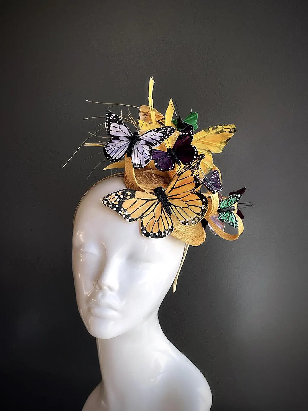 Butterfly Fascinator Hat, Gold Headband, Butterfly Headband, Derby Hat, Yellow Horse Race Hat, Te... | Etsy (US)