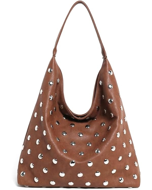 Studded Hobo Bags for Women Soft Vegan Leather Studded Shoulder Handbag Slouchy Tote Purses | Amazon (US)