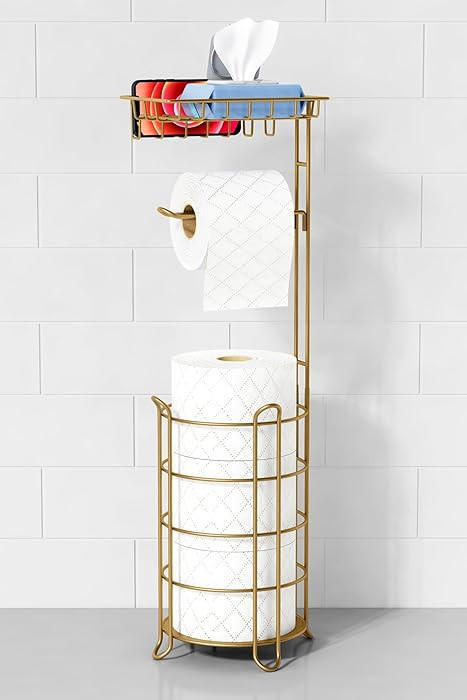Gold Free Standing Toilet Paper Holder Stand with Phone Shelf, Floor Bathroom Tissue Holder for L... | Amazon (US)