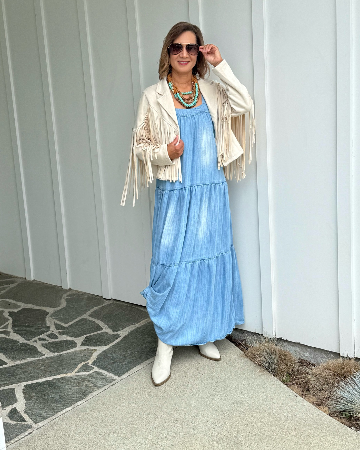 Heading to church with a bit of boho flair. My chambray sundress was rescued from the dark recesses of my closet and looks with this cropped moto jacket.  I added in these affordable white boots because the stacked heel, cut out & pointed toe add the right amount of western flair.  Scroll to shop! Follow for more affordable style.

#LTKOver40 #LTKSeasonal #LTKmomlife