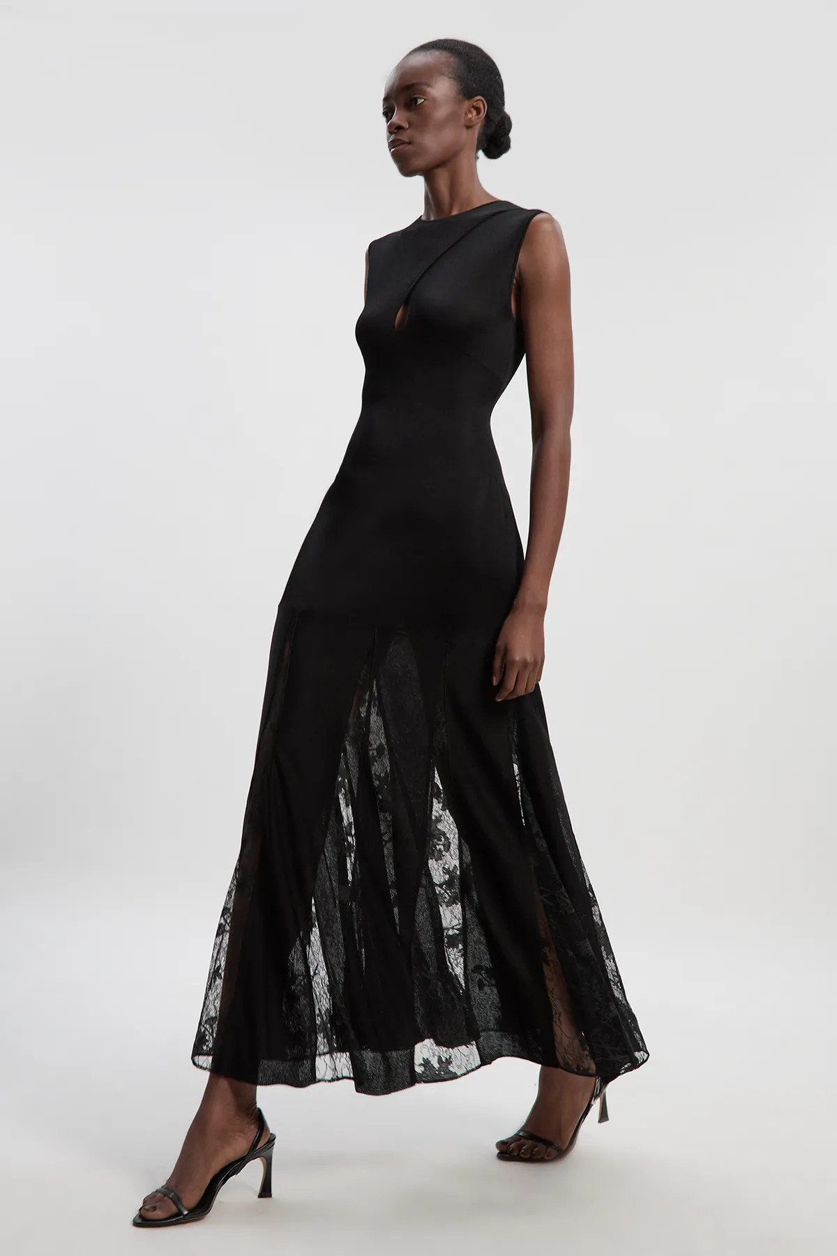 Viscose Blend Slinky Sheer Lace Detail Knit Maxi Dress | Karen Millen UK + IE + DE + NL