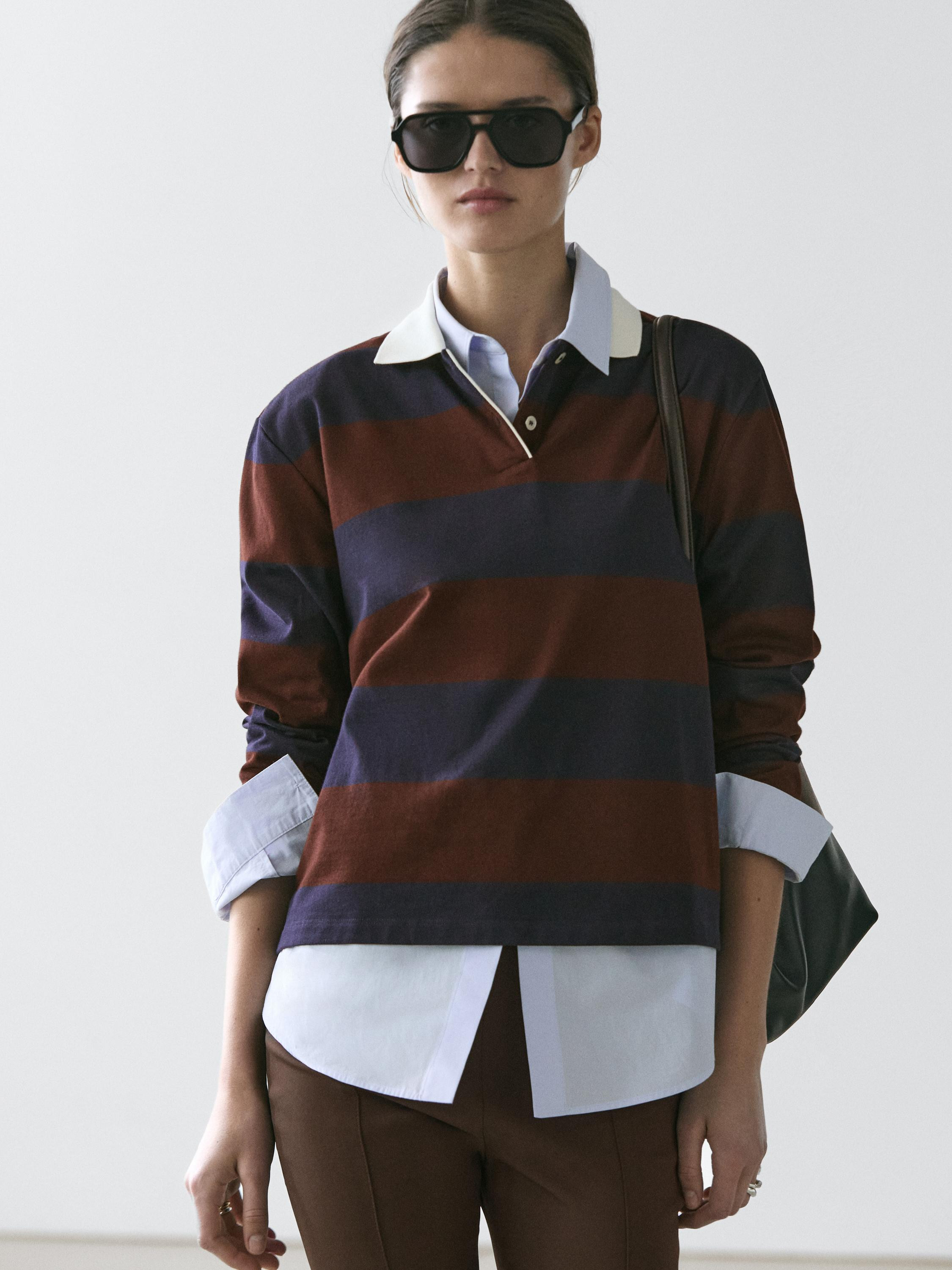 Striped long sleeve cotton polo shirt | Massimo Dutti UK