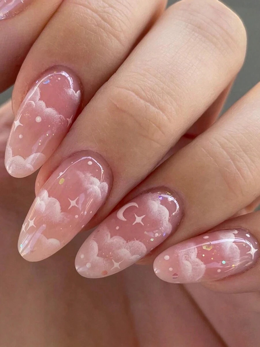 24pcs Soft And Fresh Pink Watermelon Color & Almond Shaped False Nails With Star, Moon, White Clo... | SHEIN