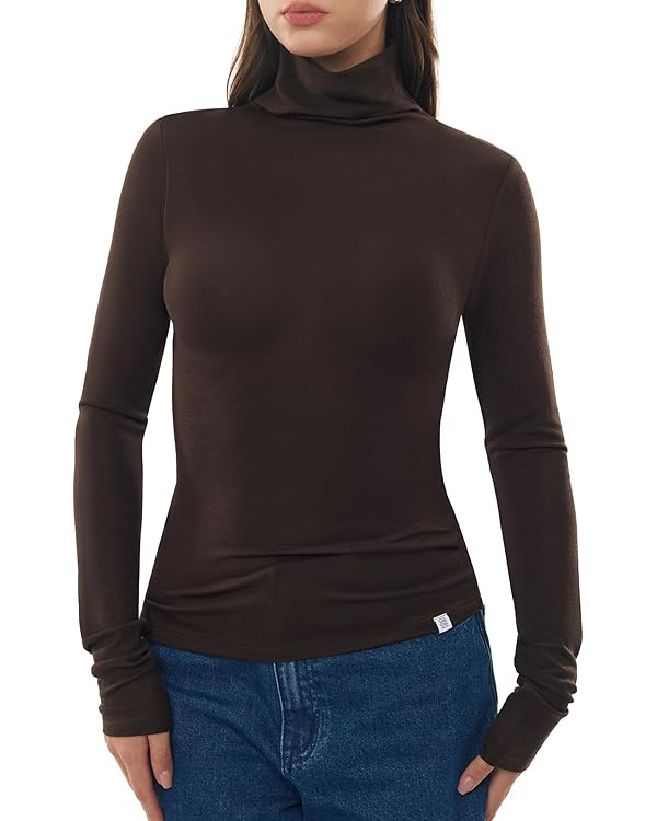 Women's Turtleneck Long Sleeve Merino Wool Blend Shirts Fitted Going Out Tops Basic Tees Cozy Emb... | Amazon (US)