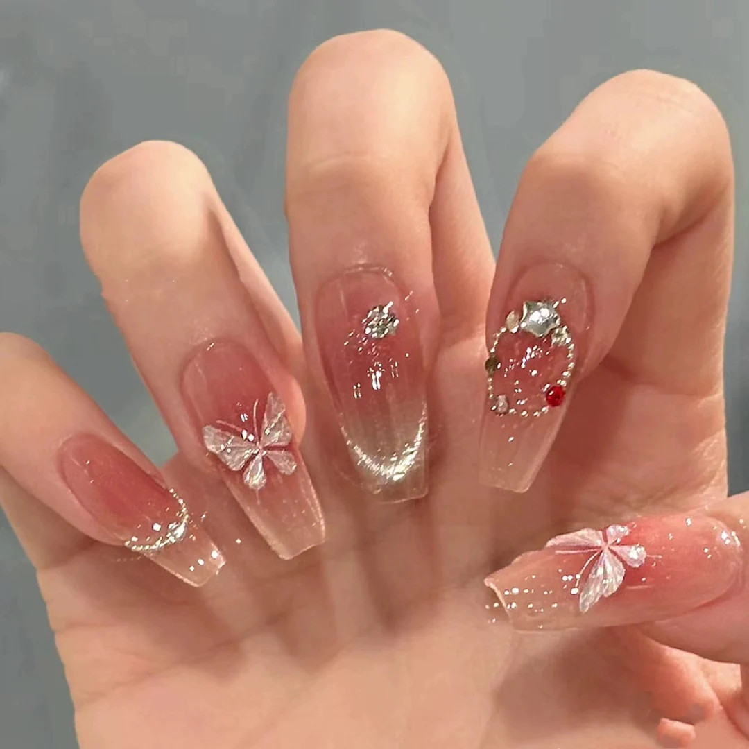 Sweet Butterfly Diamond Nails, Gentle Cat Eye Nails, Pink Blush Nails, Handmade Pierced Nails, Lu... | Etsy (US)