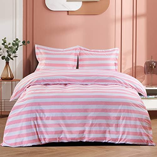 NTBAY 2 Pieces 100% Brushed Microfiber Striped Duvet Cover Set for Kids, Super Soft Pink and White P | Amazon (US)