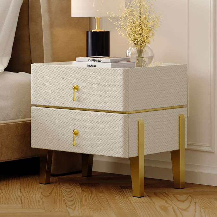 Modern White Smart Nightstand PU Leather 2 Drawer Bedside Table with Gold Legs | Homary