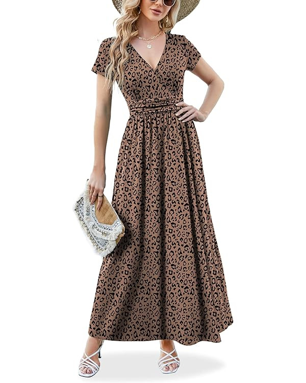 ANRILITA Maxi Dress for Women Wrap V Neck Short Sleeve Empire Pleated Waist Summer Casual Elegant... | Amazon (US)